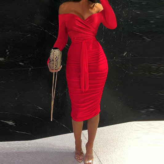 Red Hot Lace-Up Bodycon: Elegant Long Sleeve Party Dress